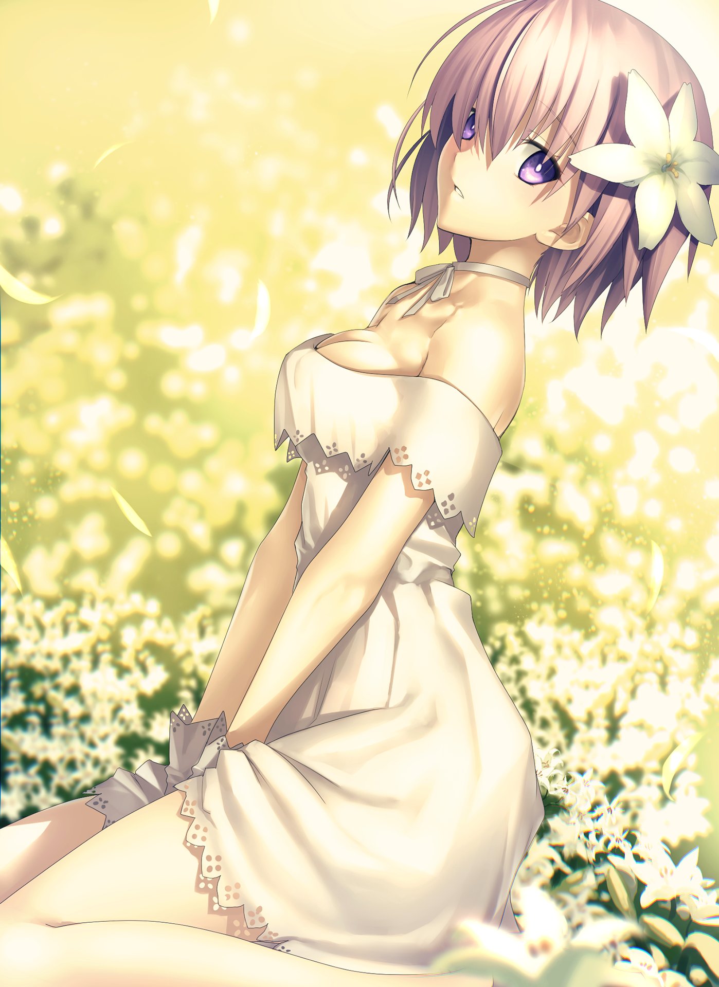 1girl bare_shoulders blurry bokeh breasts bright_pupils choker cleavage depth_of_field dress dutch_angle fate/grand_order fate_(series) field flower flower_field from_side gloves hair_flower hair_ornament hair_over_one_eye highres kawanakajima lace lace-trimmed_dress looking_at_viewer medium_breasts outdoors parted_lips petals pink_hair ribbon_choker shielder_(fate/grand_order) short_hair sitting solo strapless strapless_dress violet_eyes wariza white_background white_gloves