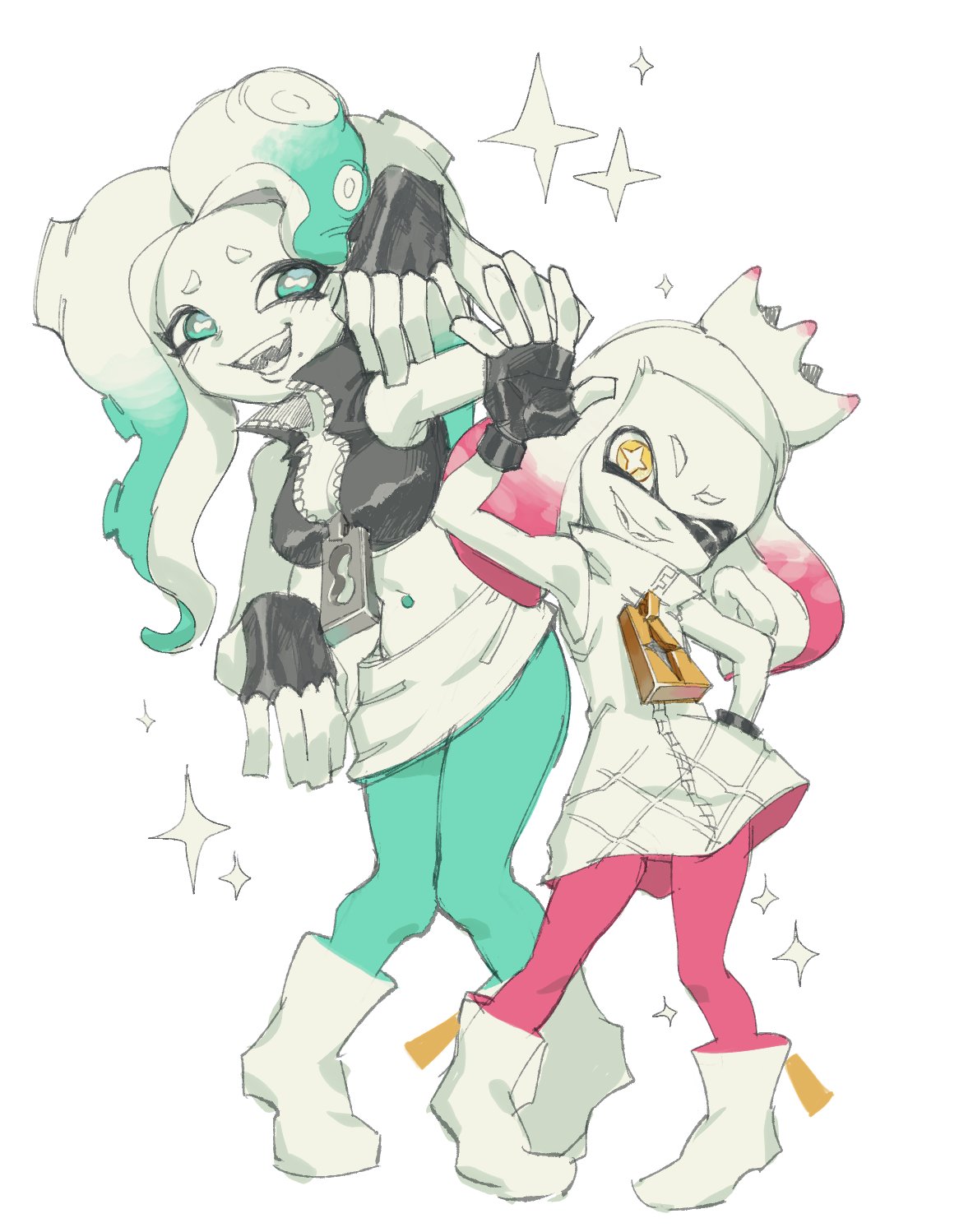 2girls boots breasts cleavage cropped_jacket crown dark_skin fingerless_gloves full_body gloves green_eyes green_legwear hand_on_hip highres long_hair looking_at_viewer marina_(splatoon) multiple_girls octarian pearl_(splatoon) pink_legwear short_hair simple_background smile sparkle splatoon splatoon_2 taikodon tentacle_hair white_background yellow_eyes