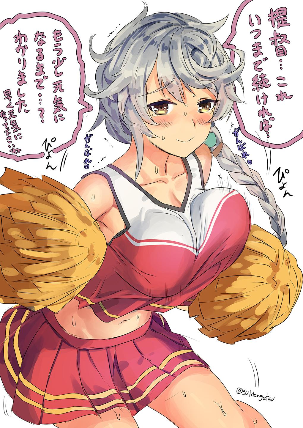 10s 1girl alternate_costume asymmetrical_hair bare_shoulders blush bouncing_breasts braid breasts cheerleader collarbone crop_top embarrassed highres kantai_collection large_breasts looking_at_viewer midriff miniskirt pom_poms revision silver_hair single_braid skirt smile solo suidengetsu sweat tears translation_request unryuu_(kantai_collection) wavy_mouth yellow_eyes