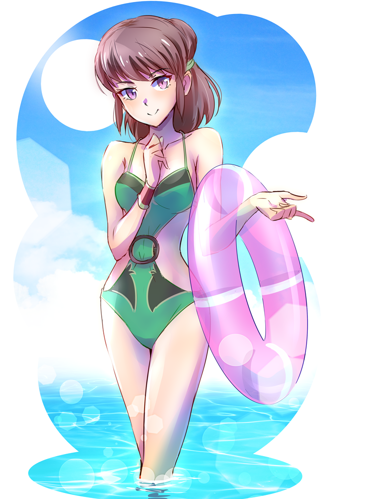 1girl an_ren blue_sky bracelet breasts brown_hair cleavage clouds cloudy_sky green_swimsuit iesupa innertube jewelry mature one-piece_swimsuit rwby sky smile solo sunlight swimsuit violet_eyes wading
