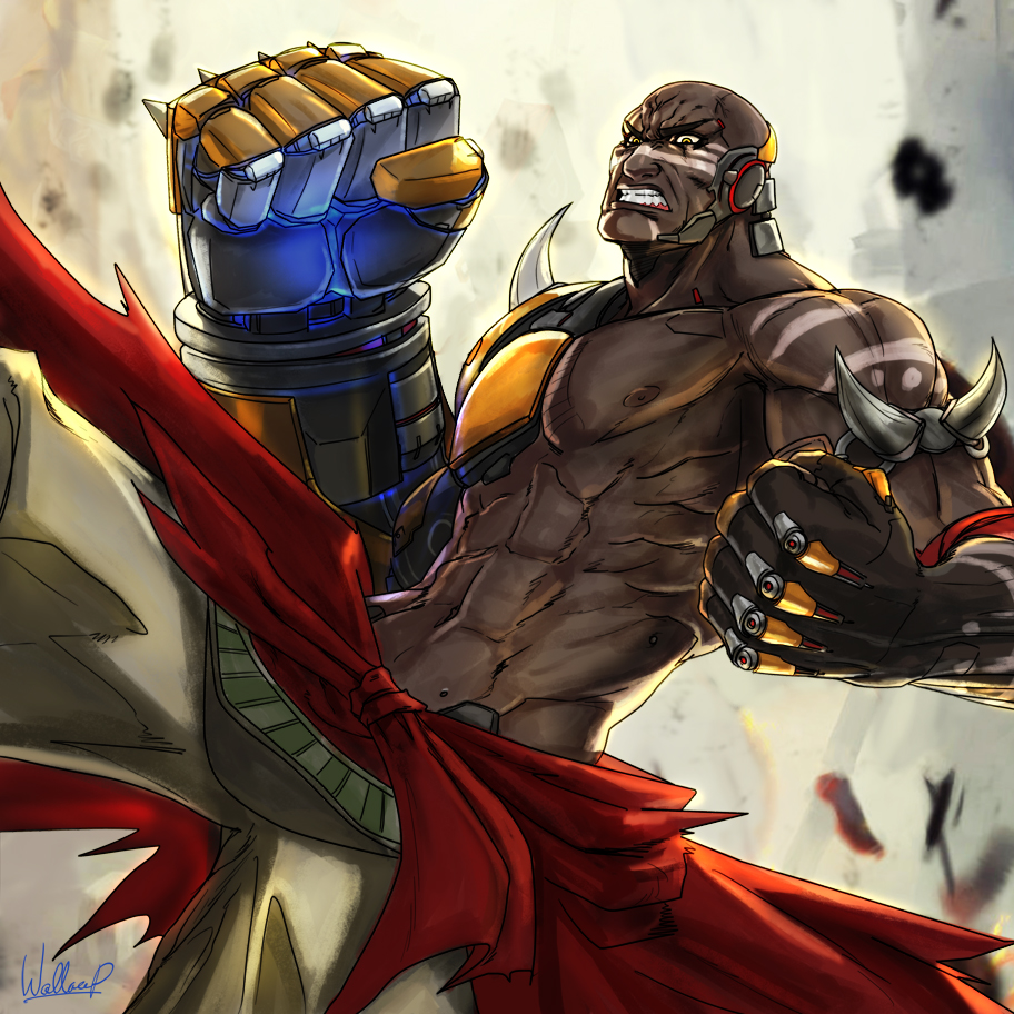 1boy african artist_name clenched_hand clenched_teeth dark_skin dark_skinned_male doomfist mechanical_arm navel overwatch shirtless signature teeth wallace_pires