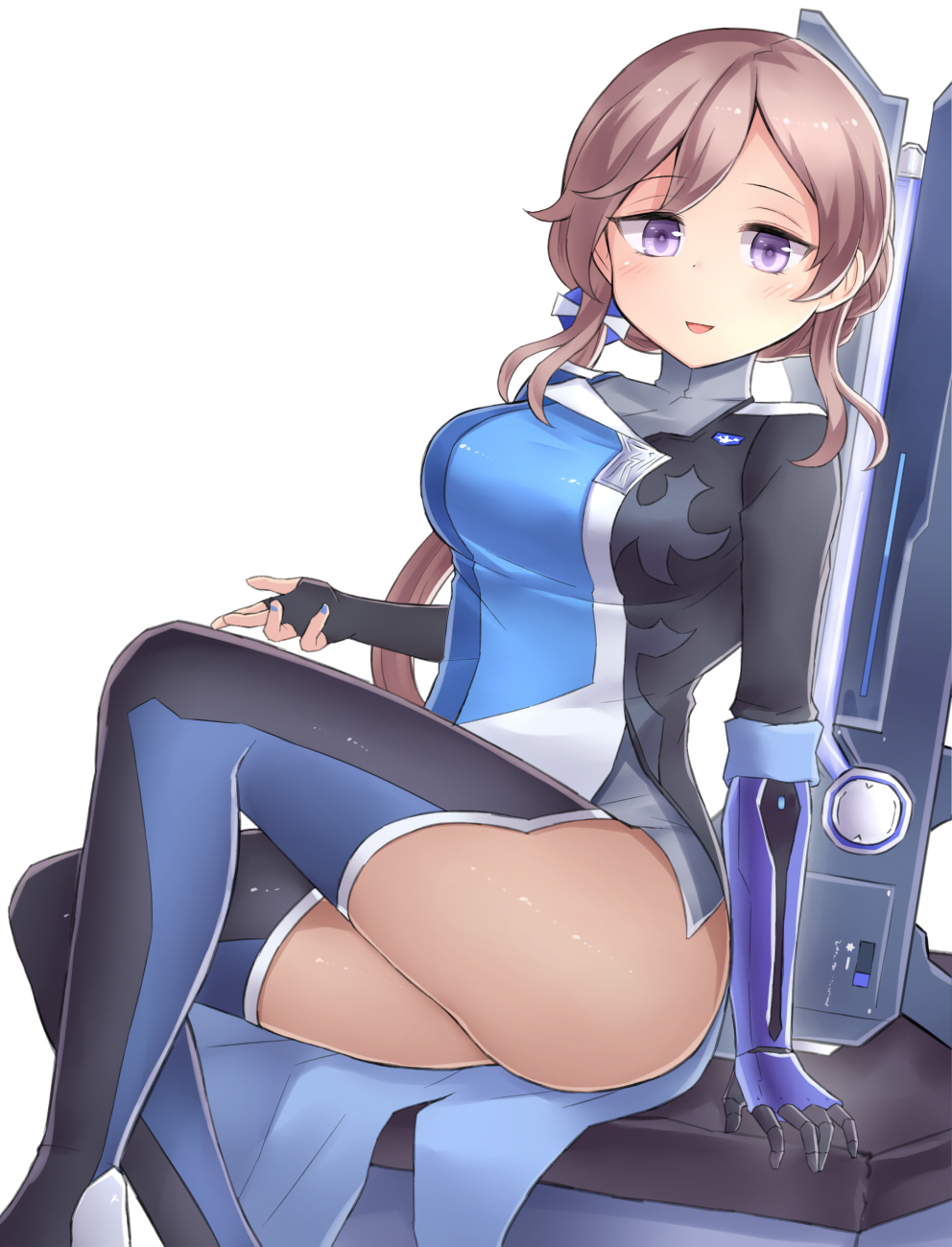 1girl ass bodysuit breasts brown_hair commentary_request cyborg fingerless_gloves fingernails gloves hair_ornament hair_up highres knee_up large_breasts mechanical_arm nail_polish neit_ni_sei open_mouth original sai sidelocks sitting smile thigh-highs thighs violet_eyes white_background
