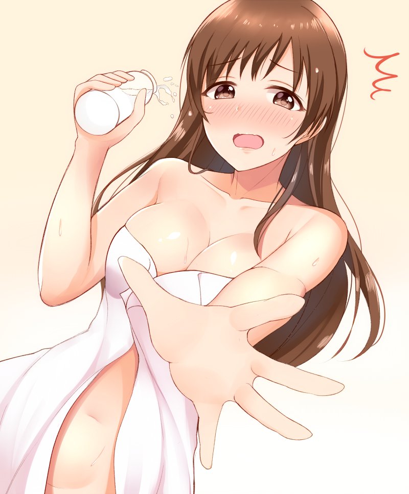 /\/\/\ 1girl bangs bare_shoulders belly_peek blush bottle breasts brown_eyes brown_hair cleavage collarbone commentary_request embarrassed full-face_blush gradient gradient_background h3po4_chiba holding holding_bottle idolmaster idolmaster_cinderella_girls long_hair looking_at_viewer medium_breasts milk milk_bottle naked_towel navel nitta_minami open_mouth outstretched_arm simple_background solo spilling towel towel_slip wet