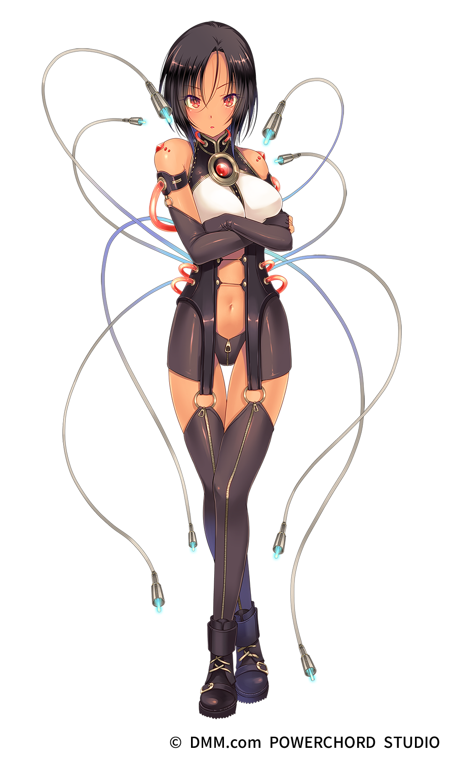 108_gou 1girl bare_shoulders black_hair cable character_request copyright_request crossed_arms dark_skin fingerless_gloves full_body gloves highres looking_at_viewer navel parted_lips red_eyes short_hair solo standing thigh_gap transparent_background