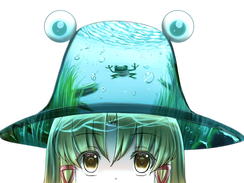 1girl air_bubble blonde_hair commentary_request eyebrows_visible_through_hair frog hair_ribbon hat looking_at_viewer luke_(kyeftss) moriya_suwako red_ribbon ribbon simple_background solo surreal touhou water white_background yellow_eyes