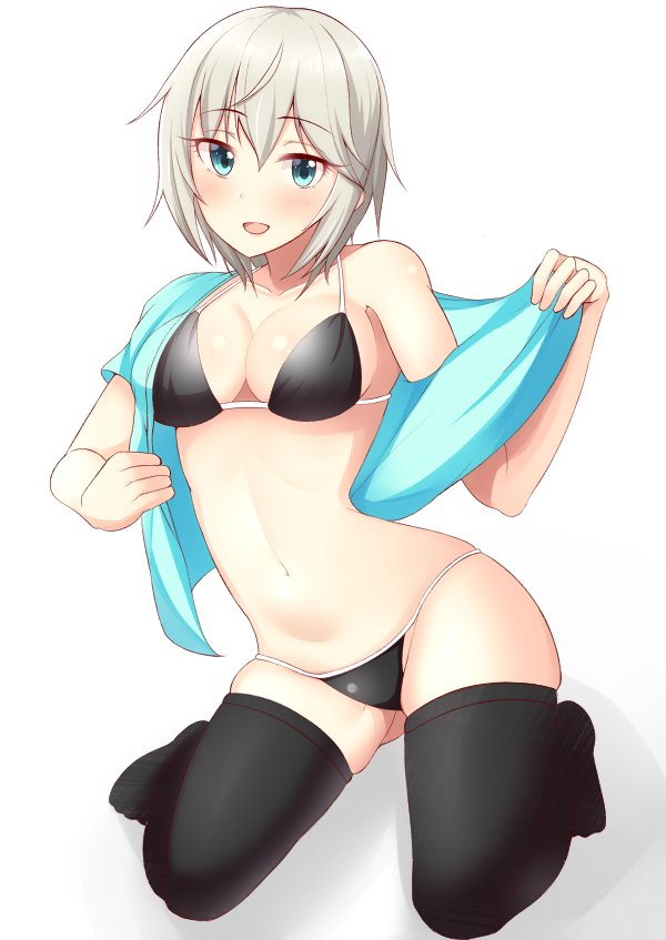 1girl anastasia_(idolmaster) arched_back bikini bikini_under_clothes black_bikini black_legwear blue_eyes blue_shirt blush breasts cleavage collarbone commentary_request eyelashes h3po4_chiba hips idolmaster idolmaster_cinderella_girls kneeling looking_at_viewer medium_breasts navel off_shoulder open_clothes open_mouth open_shirt shirt short_hair silver_hair simple_background smile solo swimsuit waist white_background