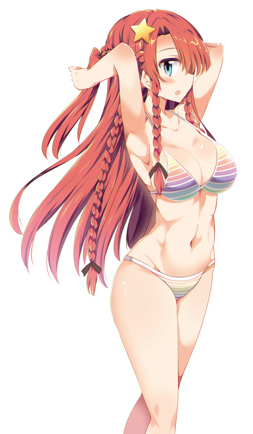 1girl :o alternate_hairstyle armpits arms_up bare_legs bikini black_bow blue_eyes bow braid breasts cleavage collarbone groin hair_bow hair_ornament halter_top halterneck highres hong_meiling large_breasts long_hair looking_at_viewer maturiuta_sorato profile redhead simple_background solo standing star star_hair_ornament stomach striped striped_bikini swimsuit touhou very_long_hair white_background