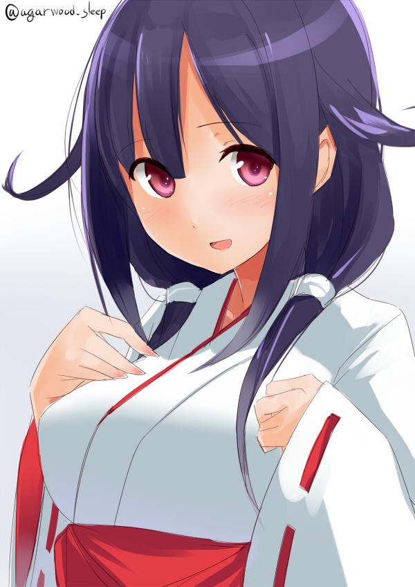 10s 1girl agarwood ahoge alternate_costume blush breasts hakama japanese_clothes kantai_collection large_breasts long_hair long_sleeves looking_at_viewer low_twintails miko parted_lips purple_hair red_eyes ribbon-trimmed_sleeves ribbon_trim ryuuhou_(kantai_collection) smile solo taigei_(kantai_collection) twintails twitter_username upper_body wide_sleeves