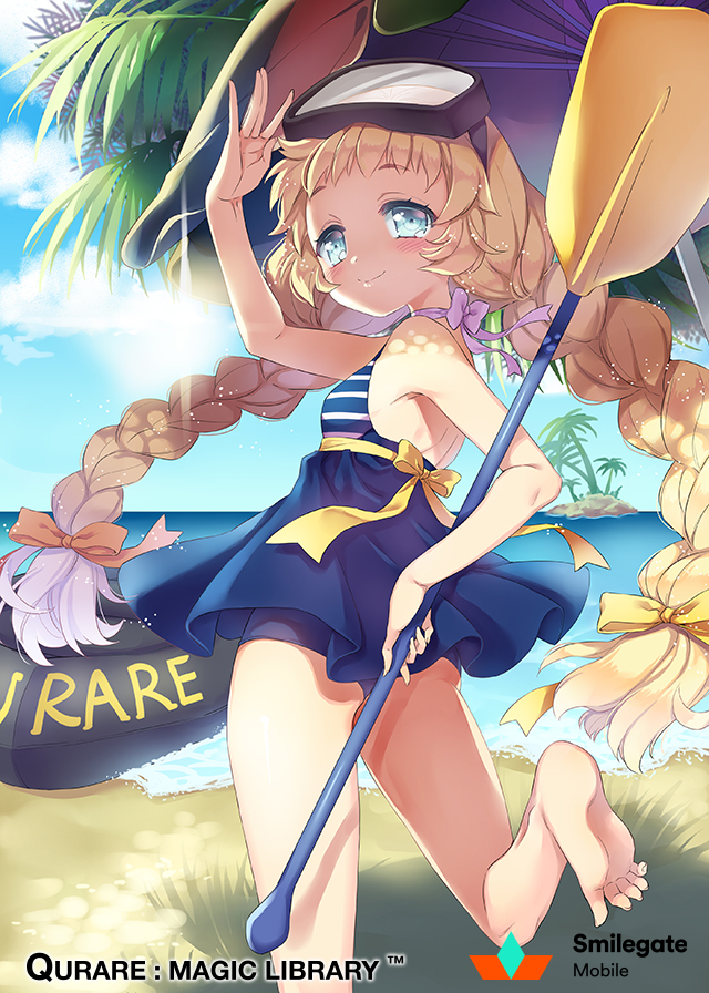 1girl barefoot beach blonde_hair blue_eyes blue_swimsuit bow braid company_name copyright_name day feet hair_bow innertube looking_at_viewer manle montgomery_(qurare) oar official_art outdoors qurare_magic_library soles swimsuit toes turning_back twin_braids water