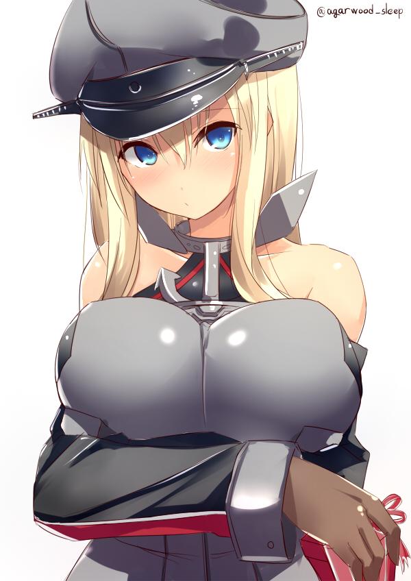 10s 1girl :/ agarwood bare_shoulders bismarck_(kantai_collection) blonde_hair blue_eyes blush breast_hold breasts brown_gloves closed_mouth collarbone detached_sleeves gloves hair_between_eyes hat kantai_collection large_breasts long_hair long_sleeves looking_at_viewer military military_hat military_uniform peaked_cap sidelocks solo twitter_username uniform upper_body