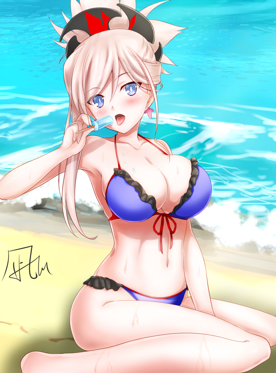 1girl beach bikini blue_eyes fate/grand_order fate_(series) food frilled_bikini frills front-tie_top hair_ornament highres japanese_clothes miyamoto_musashi_(fate/grand_order) nagishy ocean pink_hair popsicle purple_bikini side-tie_bikini sitting solo swimsuit tongue tongue_out wariza water waves