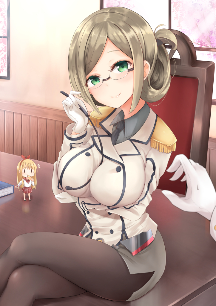 10s 1girl between_breasts breast_hold breasts brown_hair chair desk fairy_(kantai_collection) folded_ponytail glasses gloves green_eyes kantai_collection katori_(kantai_collection) large_breasts legs_crossed looking_at_viewer military military_uniform miniskirt necktie neneru on_desk oto_152mm_triple_rapid_fire_gun_mount pantyhose pencil_skirt pointer revision riding_crop silver_hair sitting sitting_on_desk skirt smile solo_focus uniform white_gloves window