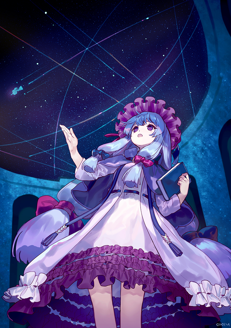2girls ainy77 blue_bow book bow broom broom_riding dress frilled_dress frills hair_bow hat holding holding_book kirisame_marisa long_hair mob_cap multiple_girls night night_sky patchouli_knowledge purple_dress purple_hair red_bow sky solo_focus standing star_(sky) starry_sky touhou very_long_hair violet_eyes