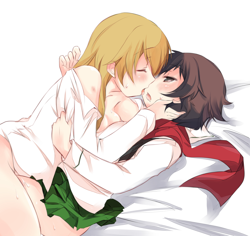 2girls abenattou bangs bed black_neckerchief blonde_hair blouse breasts brown_eyes brown_hair caesar_(girls_und_panzer) closed_eyes girls_und_panzer green_skirt incipient_kiss long_hair long_sleeves looking_at_another lying medium_breasts miniskirt multiple_girls neckerchief on_back on_stomach ooarai_school_uniform open_clothes open_mouth open_shirt pleated_skirt red_scarf scarf school_uniform serafuku shirt short_hair skirt sweat tongue white_background white_blouse white_shirt yuri