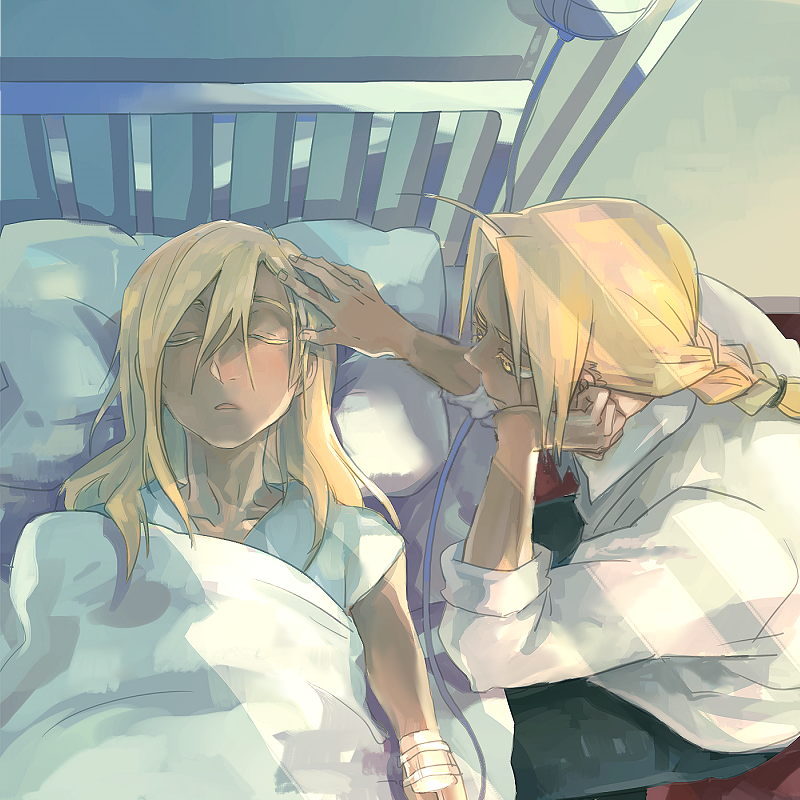 2boys alphonse_elric bed bed_sheet blonde_hair braid brothers closed_eyes duthcjs edward_elric fullmetal_alchemist hand_on_own_cheek intravenous_drip long_hair looking_at_another male_focus multiple_boys open_mouth pillow shirt siblings sleeping sunlight touching_forehead white_shirt yellow_eyes