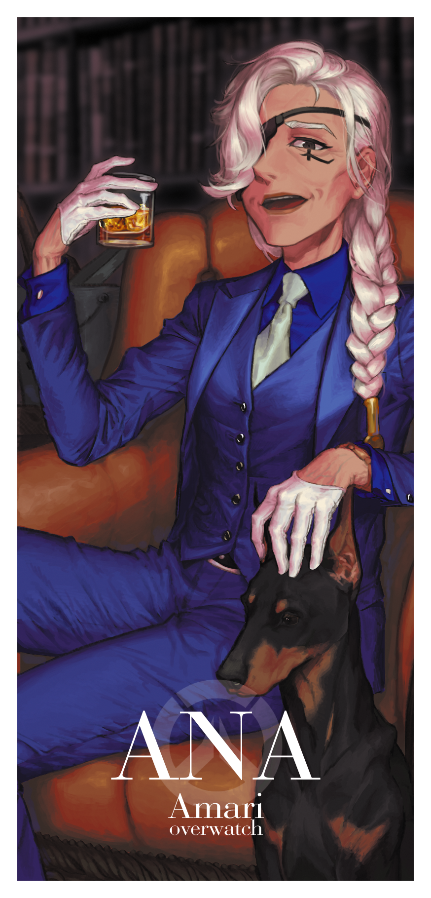 1girl alcohol ana_(overwatch) armchair blue_suit braid chair dark_skin doberman dog drink eye_of_providence eyepatch facial_tattoo formal gloves grey_eyes hair_over_one_eye hair_over_shoulder hair_tubes highres lips long_hair manly necktie one-eyed open_mouth overwatch petting single_braid sitting solo suit tattoo vest whiskey white_gloves white_hair wope