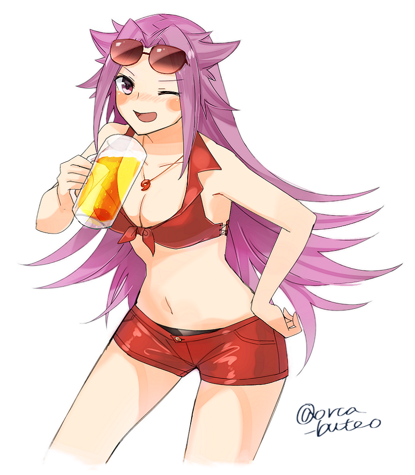 10s 1girl alcohol beer beer_mug bikini_top blush blush_stickers breasts cleavage cowboy_shot jewelry jun'you_(kantai_collection) kantai_collection long_hair looking_at_viewer magatama medium_breasts navel necklace one_eye_closed purple_hair red_bikini_top short_shorts shorts simple_background smile solo spiky_hair standing sunglasses sunglasses_on_head twitter_username violet_eyes white_background yamashiki_(orca_buteo)