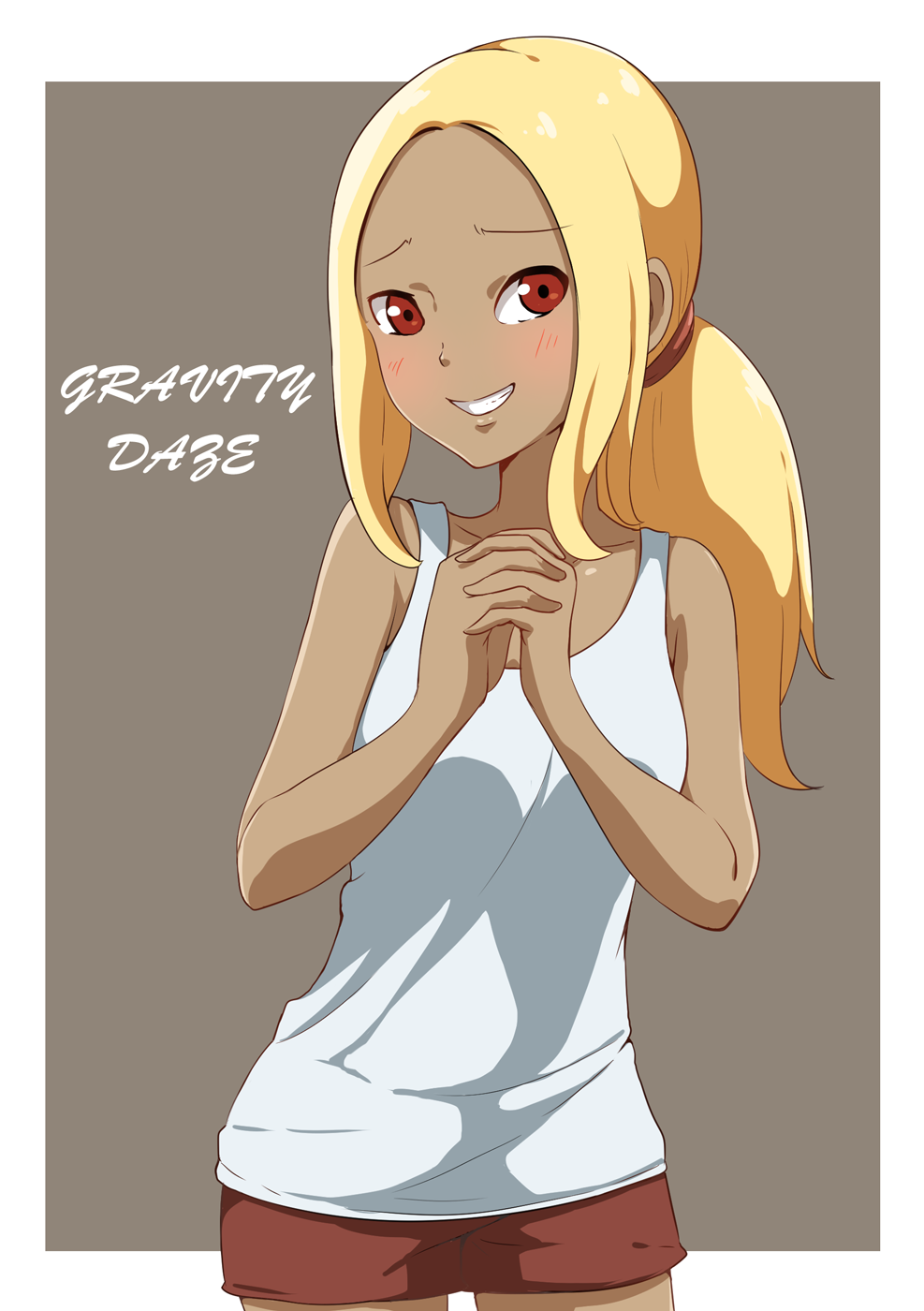 1girl air_0497 bangs bare_shoulders blonde_hair blush dark_skin gravity_daze gravity_daze_2 hands_together highres interlocked_fingers kitten_(gravity_daze) long_hair looking_at_viewer parted_bangs red_eyes shorts smile solo tank_top teeth