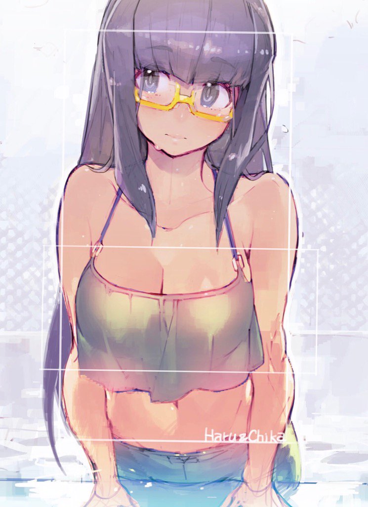 1girl bare_shoulders blush breasts cleavage closed_mouth copyright_name eyebrows_visible_through_hair glasses haruchika large_breasts long_hair looking_to_the_side midriff namaniku_atk narushima_miyoko pool purple_hair semi-rimless_glasses solo swimwear violet_eyes wet yellow-framed_eyewear