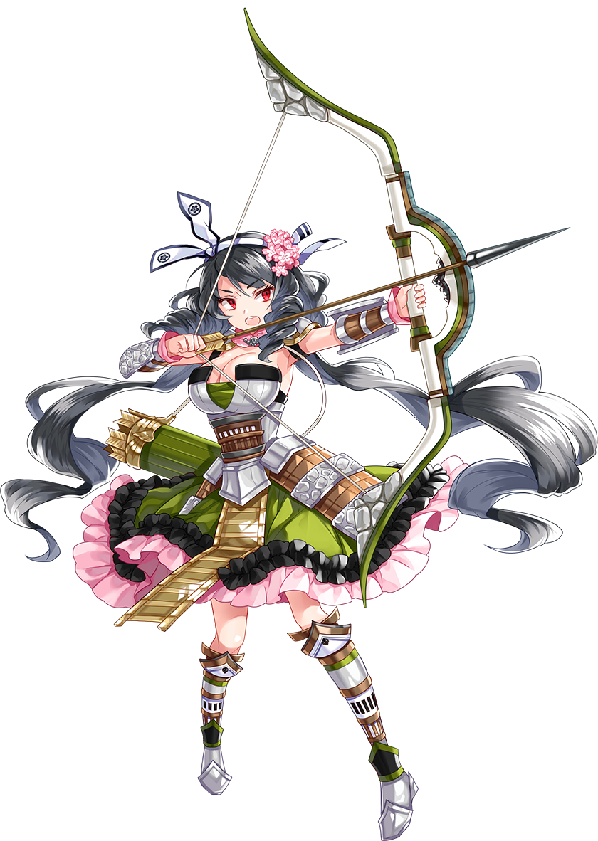 &gt;:o 1girl :o arrow black_hair bow_(weapon) breasts cleavage copyright_name drill_hair flower full_body hair_flower hair_ornament holding holding_weapon komakiyama_(oshiro_project) large_breasts official_art oshiro_project oshiro_project_re quiver red_eyes ririkuto skirt sleeve_cuffs sleeveless transparent_background twin_drills twintails wavy_hair weapon