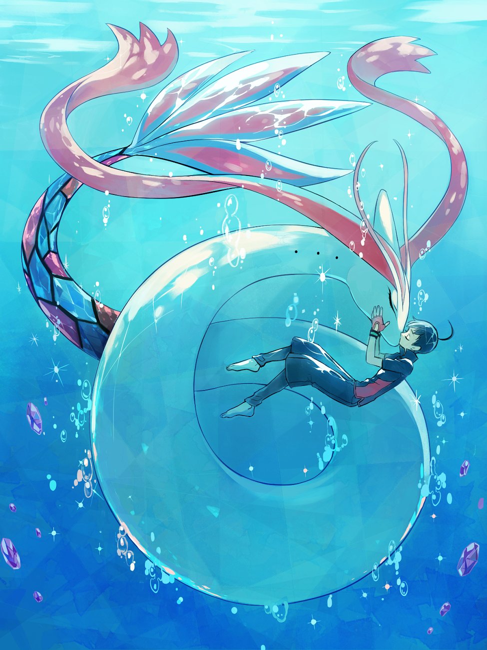 1boy 1girl barefoot black_hair bubble closed_eyes feet fingerless_gloves gloves hands_on_another's_face highres kiss milotic nuku ocean pants pokemon pokemon_(creature) pokemon_(game) pokemon_oras sparkle underwater water yuuki_(pokemon)