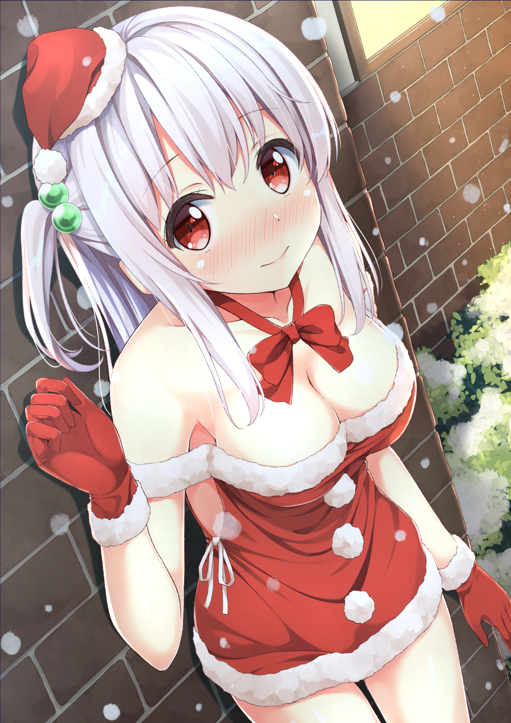 1girl against_wall bare_shoulders blush bow bowtie breasts cleavage collarbone dutch_angle from_above gloves hair_bobbles hair_ornament hat highres karutamo long_hair looking_at_viewer looking_up medium_breasts mini_hat original outdoors red_bow red_bowtie red_eyes red_gloves santa_costume santa_hat side_ponytail silver_hair snow snowing solo standing tisshu_(karutamo) wall