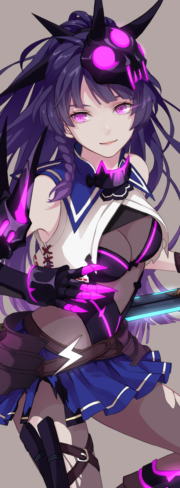 1girl benghuai_xueyuan blue_skirt bodysuit braid breasts cleavage closed_mouth faulds glowing glowing_eyes grey_background highres holding holding_sword holding_weapon knee_up light_smile long_hair looking_at_viewer mask mask_on_head medium_breasts pantyhose purple_hair raiden_mei shi_er_xian side_braid simple_background skirt smile solo sword torn_clothes torn_pantyhose violet_eyes weapon
