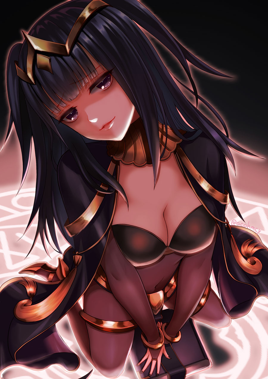 1girl bangs black_hair black_nails blunt_bangs bodysuit book breasts bridal_gauntlets cape cleavage eyebrows_visible_through_hair eyeshadow fire_emblem fire_emblem:_kakusei from_above highres kumehara_chiyota large_breasts long_hair looking_at_viewer makeup nail_polish painttool_sai parted_lips solo tharja tiara twitter_username two_side_up violet_eyes