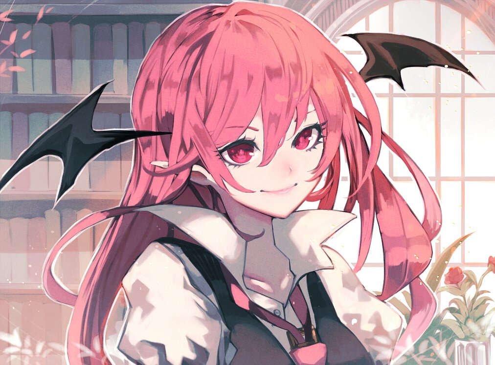1girl book bookshelf buttons closed_mouth flower hair_between_eyes head_wings indoors koakuma lips long_hair looking_at_viewer necktie pointy_ears red_eyes red_necktie redhead smile solo touhou uni_(bom19850101) upper_body vest window wing_collar