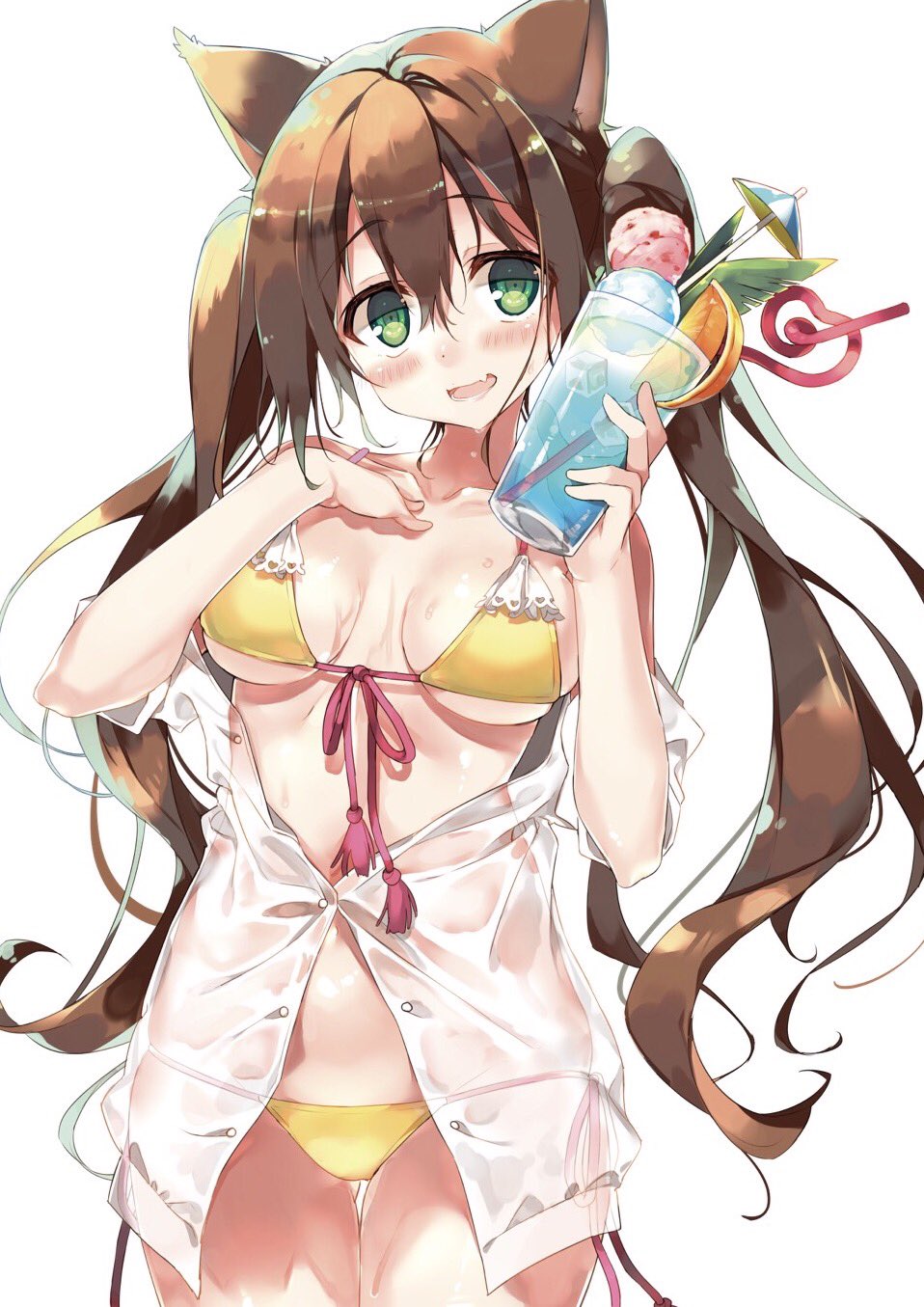 1girl :d animal_ears bangs bare_arms bare_shoulders bikini breasts cat_ears cocktail_umbrella collarbone commentary_request cowboy_shot crazy_straw cup dot_nose dress_shirt drinking_glass drinking_straw eyebrows_visible_through_hair fang food fruit glass green_eyes hair_between_eyes hand_on_own_chest hands_up highres hisaka_hazara holding holding_glass ice_cream ice_cream_float long_hair open_mouth orange orange_slice original pink_lips see-through shirt short_sleeves side-tie_bikini simple_background small_breasts smile solo sweat swimsuit teeth twintails white_background yellow_bikini