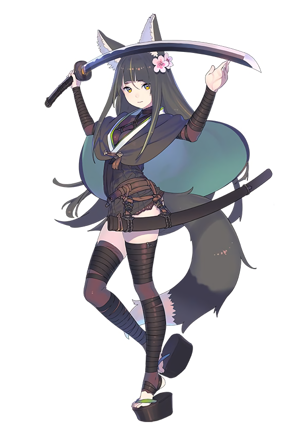 1girl animal_ears arms_up belt black_hair capelet flower full_body hair_flower hair_ornament holding holding_sword holding_weapon katana kitsunegasaki_tametsugu_(tenka_hyakken) long_hair long_sleeves looking_at_viewer nagisa_kurousagi official_art platform_clogs platform_footwear sandals sheath solo sword tail tenka_hyakken toeless_legwear weapon yellow_eyes