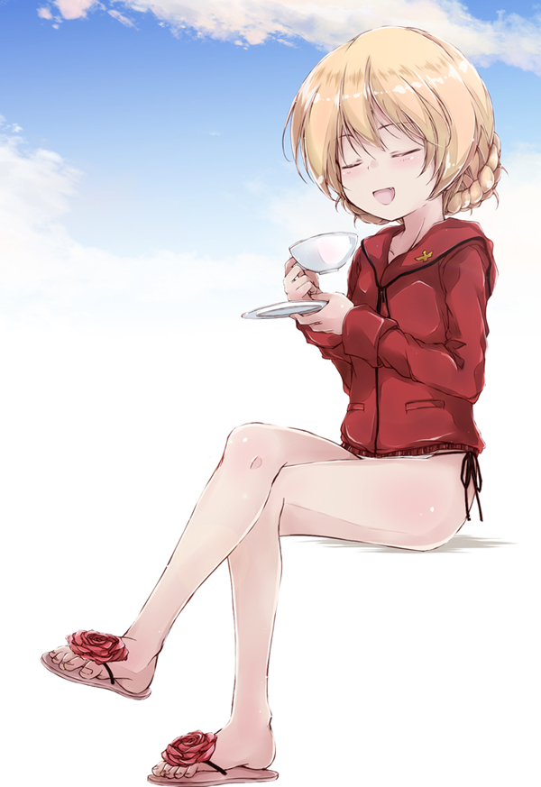 1girl adapted_uniform bangs bikini blonde_hair blue_eyes braid closed_eyes clouds cloudy_sky commentary_request cup darjeeling emblem full_body girls_und_panzer holding hood hoodie invisible_chair jacket legs_crossed long_sleeves no_pants open_mouth red_jacket sandals saucer short_hair side-tie_bikini sitting sky smile solo st._gloriana's_military_uniform swimsuit teacup tied_hair twin_braids white_background yumesato_makura