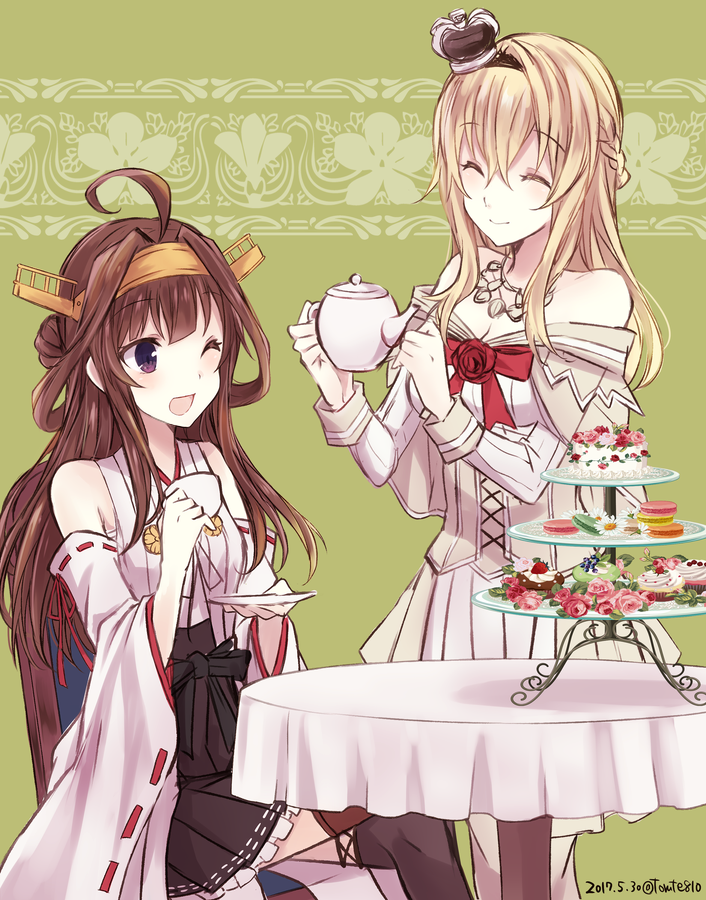 10s 2girls ;d ^_^ ahoge bare_shoulders black_legwear black_skirt blonde_hair braid brown_hair closed_eyes crown cup dated detached_sleeves double_bun dress french_braid green_background hairband headgear holding holding_cup japanese_clothes kabocha_torute kantai_collection kongou_(kantai_collection) long_hair long_sleeves mini_crown multiple_girls nontraditional_miko off-shoulder_dress off_shoulder one_eye_closed open_mouth pleated_skirt remodel_(kantai_collection) revision ribbon-trimmed_sleeves ribbon_trim skirt smile teacup teapot thigh-highs twitter_username violet_eyes warspite_(kantai_collection) white_dress white_legwear wide_sleeves