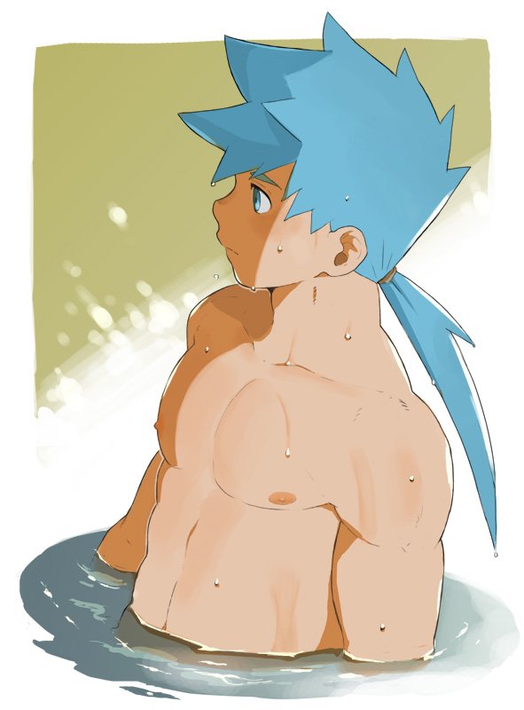 1boy blue_eyes blue_hair breath_of_fire breath_of_fire_iv closed_mouth looking_afar male_focus nabana_(bnnbnn) nipples partially_submerged ponytail ryuu_(breath_of_fire_iv) solo spiky_hair upper_body water wet