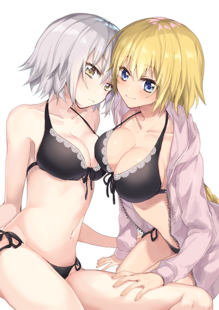 2girls bangs bikini black_bikini blonde_hair blue_eyes blush braid breasts closed_mouth collarbone eyebrows_visible_through_hair fate/apocrypha fate/grand_order fate_(series) front-tie_bikini front-tie_top frown grey_hair hood hoodie jeanne_alter large_breasts light_frown long_hair looking_at_viewer medium_breasts multiple_girls open_clothes open_hoodie ruler_(fate/apocrypha) side-tie_bikini sidelocks simple_background single_braid sitting smile swimsuit thighs white_background yamabukiiro yellow_eyes