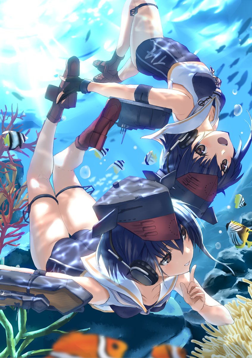 10s 2girls :d air_bubble ass bare_shoulders blue_hair brown_eyes commentary_request coral finger_to_mouth fish gloves hair_between_eyes hat headphones highres i-13_(kantai_collection) i-14_(kantai_collection) index_finger_raised kantai_collection kneepits multiple_girls one-piece_swimsuit open_mouth partly_fingerless_gloves rock sailor_collar short_hair shushing sisters smile swimsuit tsuuhan twins underwater upside-down