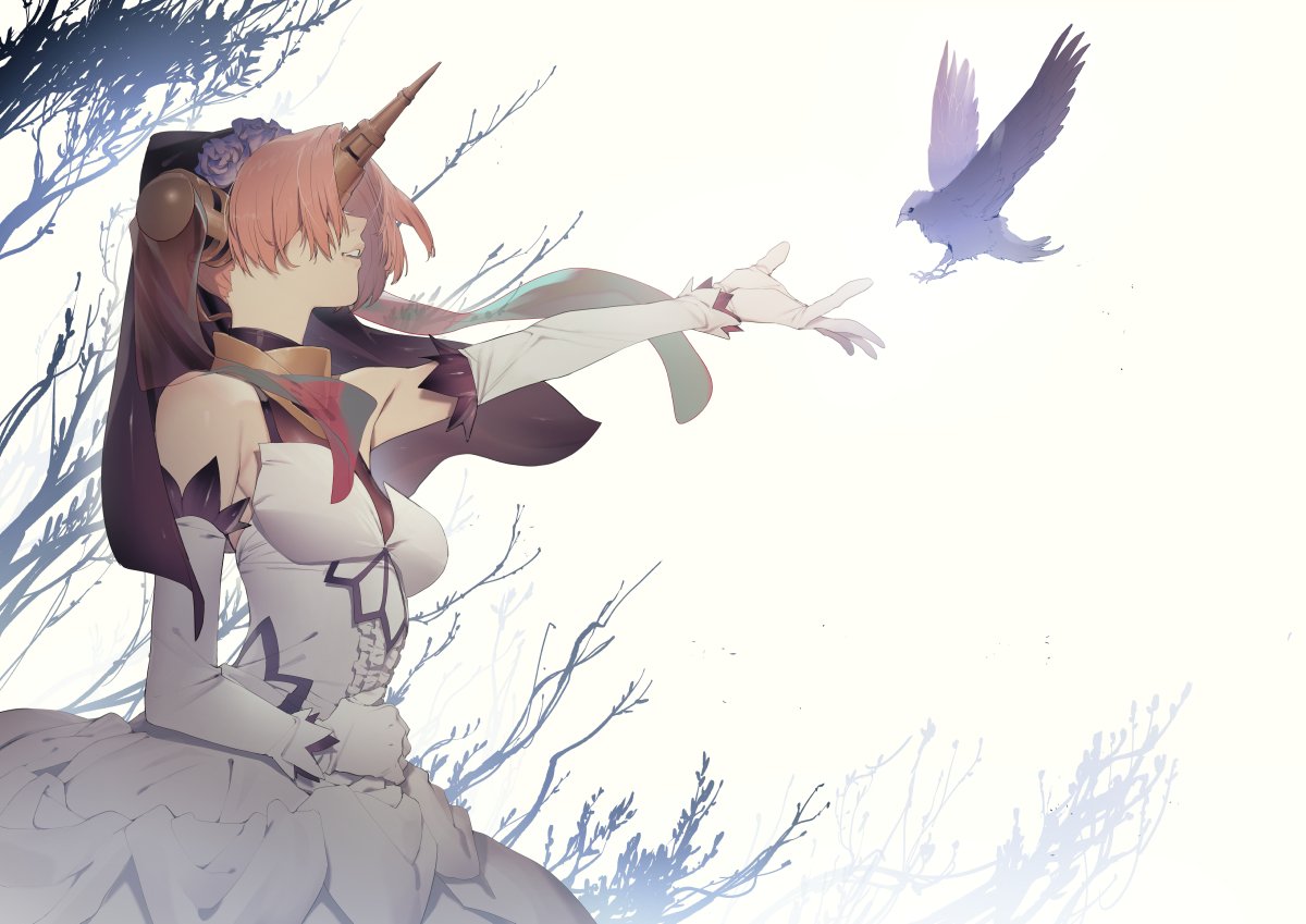 1girl berserker_of_black bird dress elbow_gloves fate/apocrypha fate_(series) gloves hair_over_eyes horn open_mouth outstretched_arm pink_hair ryota-h short_hair solo veil white_dress white_gloves