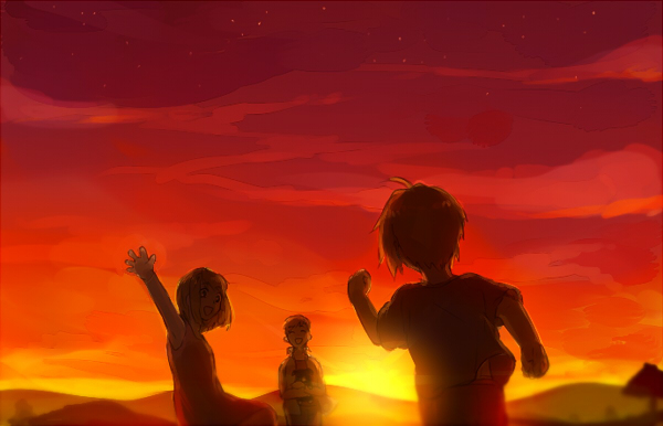 1girl 2boys alphonse_elric back_turned brothers child clouds den_(fma) dress edward_elric fullmetal_alchemist mountain multiple_boys open_mouth orange_(color) out_of_frame red riru running short_hair siblings sky smile star_(sky) sun sunlight tree twilight waving winry_rockbell yellow