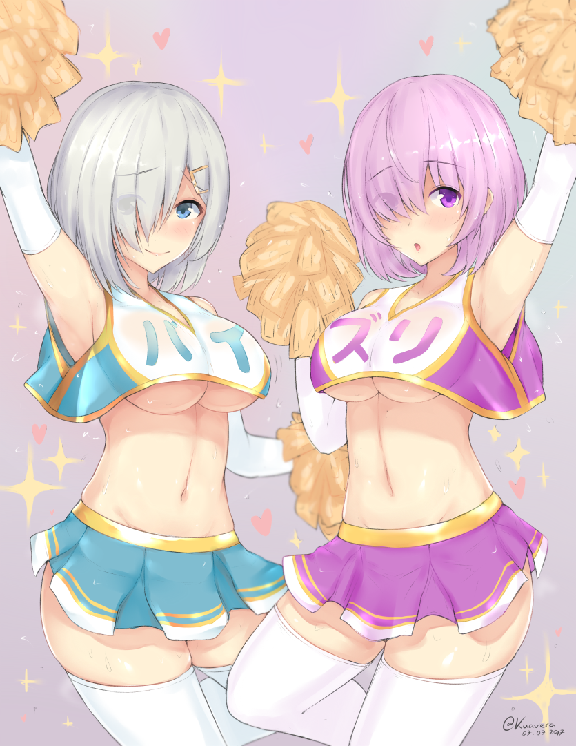 10s 2girls arm_up armpits arms_up artist_name bare_shoulders blue_eyes blue_skirt blush breasts cheerleader commentary_request dated elbow_gloves eyebrows_visible_through_hair eyes_visible_through_hair fate/grand_order fate_(series) gloves hair_ornament hair_over_one_eye hairclip hamakaze_(kantai_collection) heart hips kantai_collection kuavera large_breasts looking_at_viewer looking_to_the_side midriff multiple_girls navel open_mouth pink_hair pleated_skirt pom_poms purple_background purple_hair purple_skirt shielder_(fate/grand_order) shiny shiny_skin short_hair sideboob silver_hair simple_background skirt smile sparkle sweat thigh-highs thighs trait_connection twitter_username under_boob violet_eyes waist white_gloves white_legwear