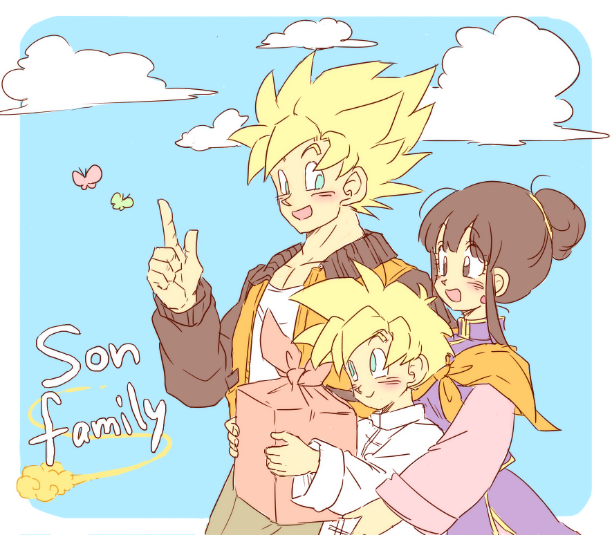 1girl 2boys :d aqua_eyes black_eyes black_hair blonde_hair blush butterfly chi-chi_(dragon_ball) chinese_clothes clouds couple day dragon_ball dragonball_z earrings eyebrows_visible_through_hair family father_and_son flying_nimbus frame happy index_finger_raised jacket jewelry looking_at_another lunchbox mother_and_son multiple_boys open_mouth short_hair sky smile son_gohan son_gokuu spiky_hair super_saiyan text tied_hair tkgsize