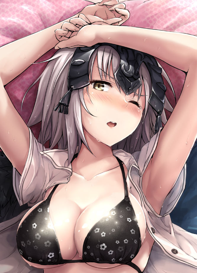&gt;;o 1girl arms_up bangs bed eyebrows_visible_through_hair fate/apocrypha fate/grand_order fate_(series) grey_hair headpiece hika_(hikara) jeanne_alter looking_at_viewer on_bed one_eye_closed open_clothes open_mouth open_shirt pillow ruler_(fate/apocrypha) shirt short_hair solo tears teeth upper_body yellow_eyes