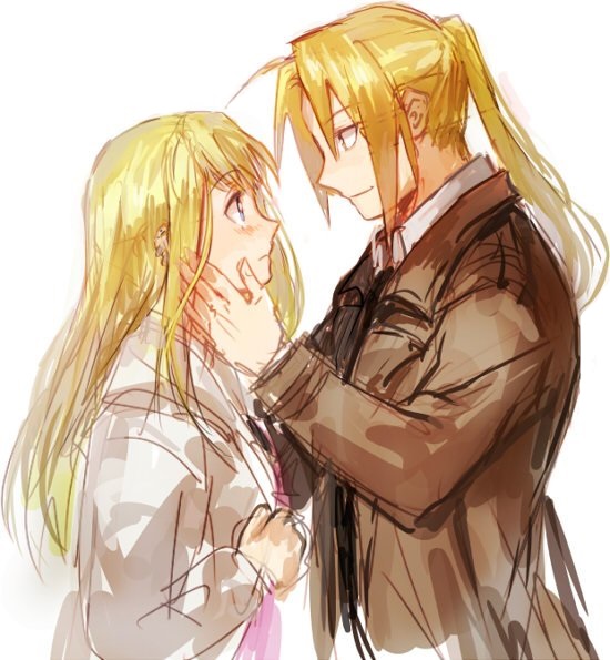 1boy 1girl blonde_hair blue_eyes blush coat couple earrings edward_elric eye_contact eyebrows_visible_through_hair fullmetal_alchemist hand_on_another's_cheek hand_on_another's_face hetero jacket jewelry long_hair looking_at_another ponytail riru simple_background white_background winry_rockbell yellow_eyes
