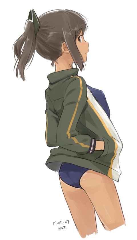 10s 1girl 2017 ass blue_swimsuit brown_eyes brown_hair cowboy_shot dated flat_chest green_jacket hair_ornament hairclip hands_in_pockets i-401_(kantai_collection) jacket kantai_collection kawashina_(momen_silicon) ponytail profile short_ponytail simple_background solo standing swimsuit swimsuit_under_clothes white_background