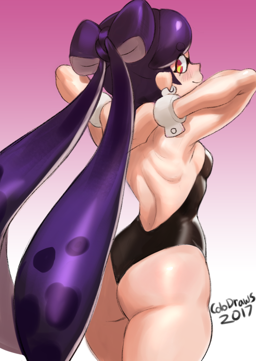 +_+ 1girl 2017 aori_(splatoon) arms_behind_back artist_name ass back backless_outfit bare_back bare_shoulders black_hair blush breasts colo_(nagrolaz) earrings eyebrows_visible_through_hair from_behind hair_ornament highleg highleg_leotard jewelry leotard long_hair looking_at_viewer no_legwear pointy_ears red_eyes simple_background smile solo splatoon symbol-shaped_pupils tentacle_hair white_background