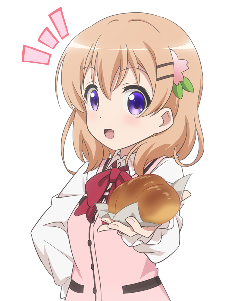 1girl :d bangs blush bow bowtie bread breasts buttons collared_shirt commentary_request dress_shirt eyebrows_visible_through_hair food giving gochuumon_wa_usagi_desu_ka? hair_ornament hairclip hand_on_hip holding holding_food hoto_cocoa long_hair long_sleeves looking_at_viewer open_mouth orange_hair pink_vest rabbit_house_uniform red_bow red_bowtie red_star_(toranecomet) shirt simple_background small_breasts smile solo uniform upper_body violet_eyes white_background white_shirt wing_collar