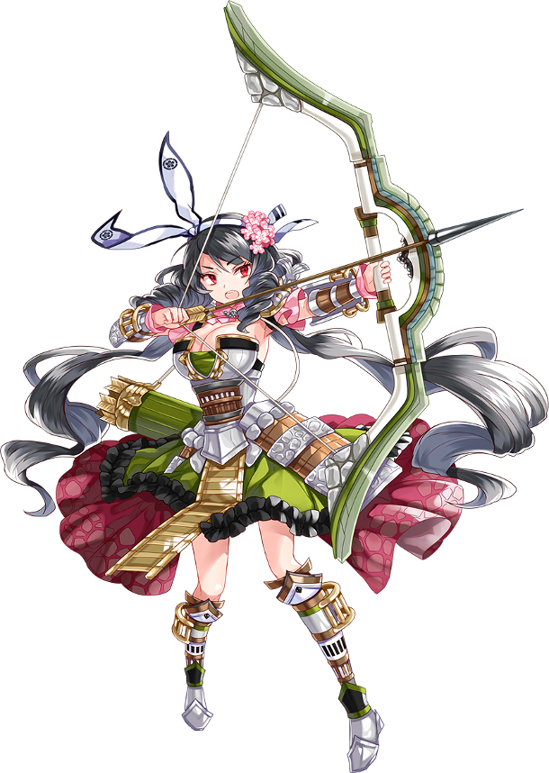 &gt;:o 1girl :o arrow black_hair bow_(weapon) breasts cleavage copyright_name drill_hair flower full_body hair_flower hair_ornament holding holding_weapon komakiyama_(oshiro_project) large_breasts official_art oshiro_project oshiro_project_re quiver red_eyes ririkuto skirt sleeve_cuffs sleeveless transparent_background twin_drills twintails wavy_hair weapon