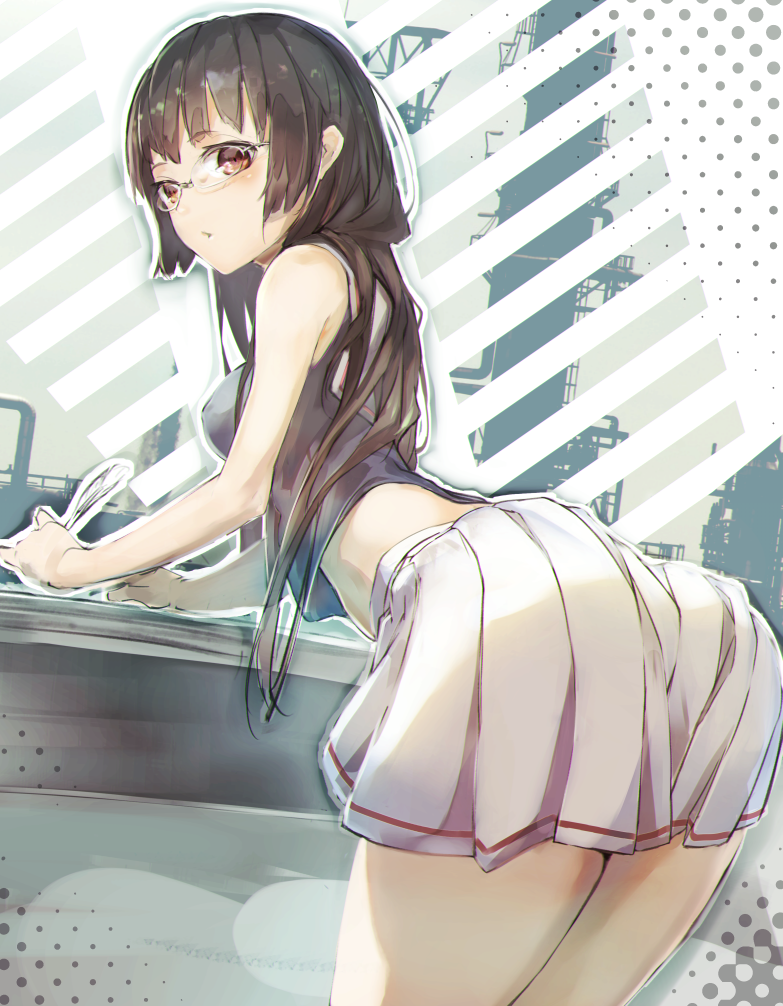 10s 1girl ass black_hair breasts choukai_(kantai_collection) cruelkosshi glasses holding kantai_collection long_hair midriff pleated_skirt red_eyes rimless_glasses school_uniform skirt sleeveless solo white_skirt