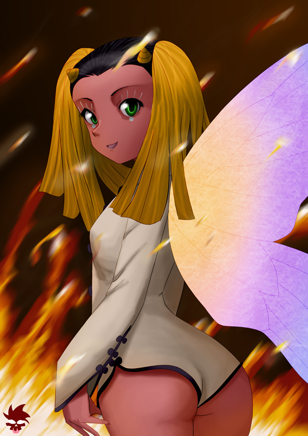 1girl :d ass black_hair blonde_hair butterfly_wings china_dress chinese_clothes dress embers fire flat_chest green_eyes horns hua-po long_hair long_sleeves looking_at_viewer looking_back open_mouth red_skin shin_megami_tensei smile solo ultraspank wings