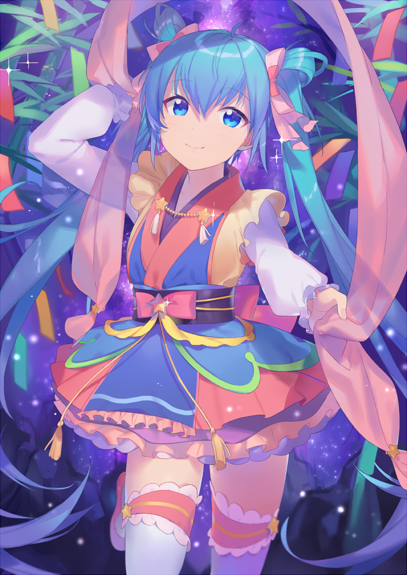 1girl arm_up blue_eyes blue_hair blush eyebrows_visible_through_hair hair_ribbon hatsune_miku heiwa_(murasiho) long_hair long_sleeves looking_at_viewer pink_ribbon ribbon smile solo sparkle star thigh-highs twintails vocaloid white_legwear