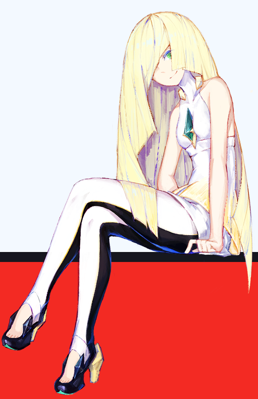 1girl bare_shoulders blonde_hair breasts closed_mouth commentary_request dress full_body green_eyes hair_over_one_eye high_heels highres labombardier! legs_crossed long_hair looking_at_viewer lusamine_(pokemon) pokemon pokemon_(game) pokemon_sm revision sitting sleeveless sleeveless_dress small_breasts smile solo very_long_hair white_dress